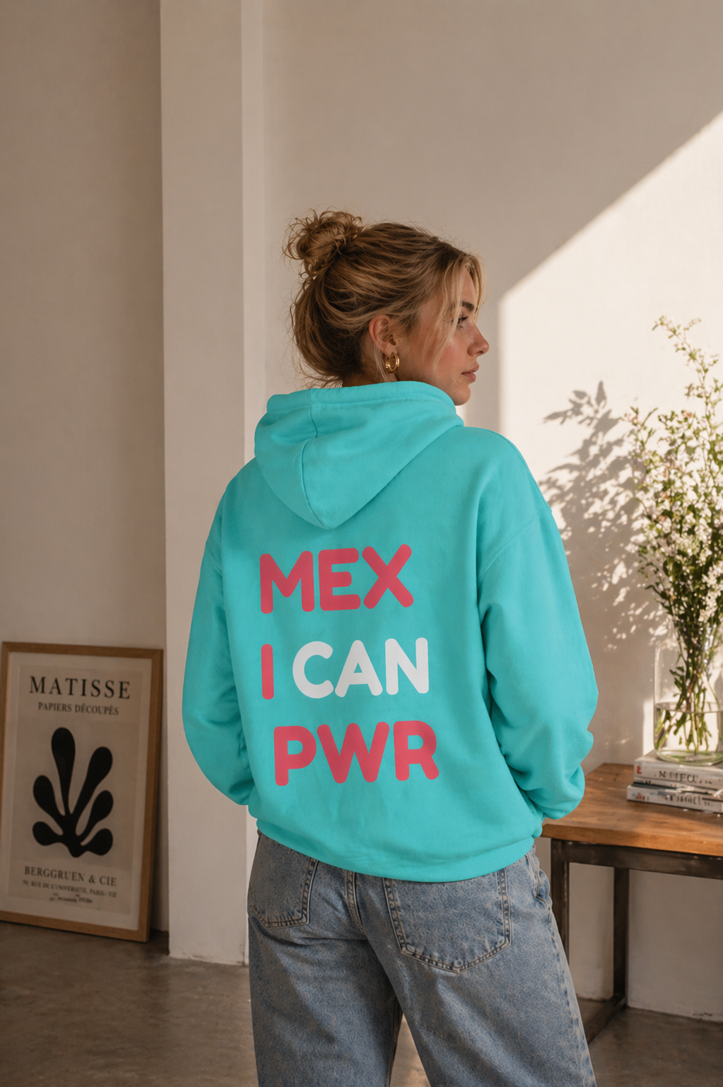 Hoodie Print Mexican PWR Aqua con Rosa
