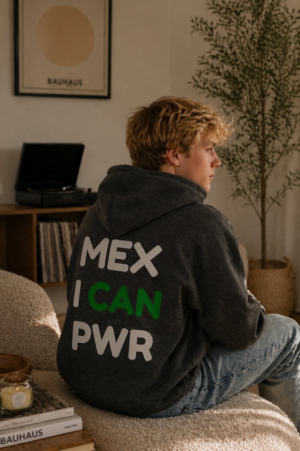 Hoodie Print Mexican PWR Gris con Verde